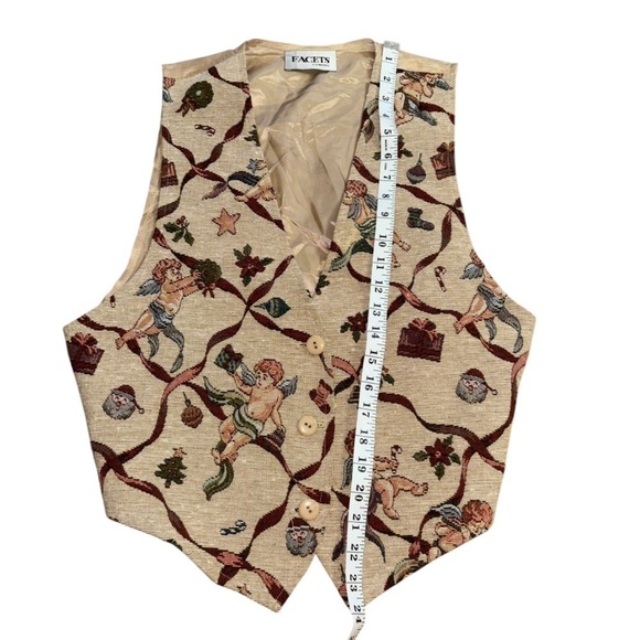 Vintage Facets Cherub Santa Christmas Holiday Vest Tan Women’s M Tree 90’a Y2K - Picture 12 of 15